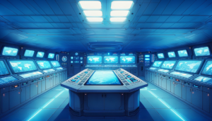 青色の光で照らされた高度なコントロールパネルと多数のモニターを持つ潜水艦の操作室。
