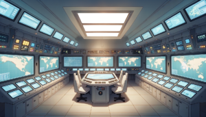 潜水艦の制御室をイメージしたイラスト。数多くのモニターや操作パネルが並べられ、地図やデータが表示されている。