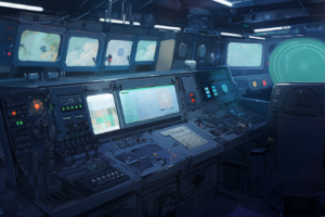 先進的な潜水艦のコントロールルーム。複数のモニターが壁に取り付けられ、地図やレーダー、データが表示されている。操作パネルにはボタン、レバー、そしてディスプレイが配置されている。