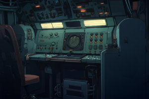 古風な潜水艦のコックピット。アナログな計器盤やダイヤル、レバーが見受けられる。窓の上には明るい照明があり、操縦席の横にはノートとペンが置かれている。
