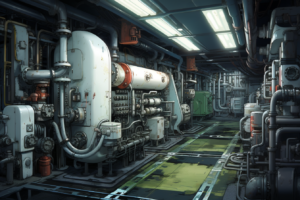 潜水艦のエンジンルームを思わせるイラスト。白とオレンジの配色が目立ち、多くのボタンや計器が並ぶコントロールパネルや配管が見受けられる。