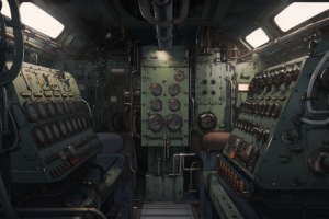 古風な潜水艦のコックピット内部。多くの計器やノブ、レバーが配置されている。