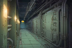 潜水艦の内部通路。黄色い照明が灯る狭く長い通路には、配管や扉、機器が並んでいる。遠くの扉には「EXIT」の表示が見える。