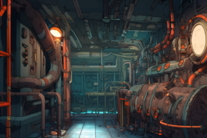 機械や配管が複雑に配置されている潜水艦のエンジンルーム、オレンジ色の手すりやノブ、ダイヤルが特徴的