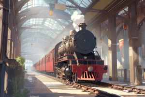 蒸気機関車の外観のイラスト。駅のホームに停車している