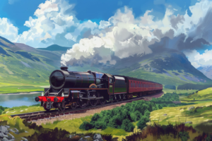 広大な緑の草原と遠くに見える山々を背景に、古典的なデザインの蒸気機関車が鮮やかな青空の下、線路を走行している様子。機関車は黒と緑の配色で、赤い車輪が特徴的。列車は長い客車を引き、周囲は静かな自然に囲まれている。