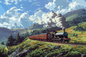 山々と青空が広がる景色の中を走る古典的な蒸気機関車。機関車は緑の草原と岩石の上を走り、白い煙を大量に排出している。日差しは山々を明るく照らし、列車は茶色の客車を牽引している。