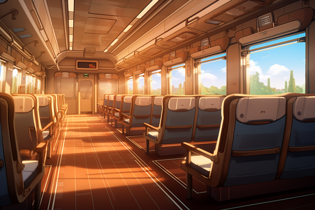 座席がある列車の内装イラスト。