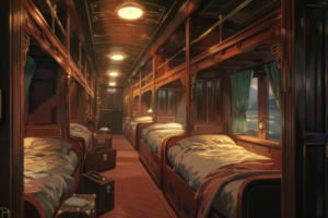 日が沈む空と海を見える窓のある豪華な列車の寝台車両の内部。木製の仕上げが施された車両には対になったベッドが配置されており、上段のベッドは折りたたまれている。通路にはレトロなスーツケースが何個か置かれていて、旅の雰囲気が感じられる。