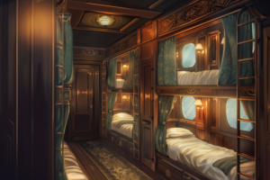 緑色のカーテンとカーペットが敷かれた豪華な列車の寝台車両の内部。金色の装飾が施された木製の壁と二段ベッドが特徴で、下段のベッドには白いシーツがかけられている。通路は狭く、ほんのりとした光が車内を照らしている。
