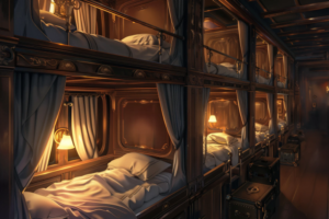 かみのある照明と豪華な木製の壁面が印象的な列車の寝台車両の内部。二段ベッドの上段には格子状の安全柵があり、落ち着いた色合いのカーテンが窓を飾っている。床には古風なデザインのスーツケースが置かれている。