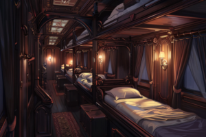 夕暮れ時の豪華な列車の寝台車両の内部。細かい彫刻が施された木製の壁と赤茶けたカーテンが特徴的で、ベッドには白いシーツが美しく整えられている。通路の端には古いスタイルのスーツケースが複数見られる。