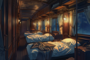 夕暮れの静かな雰囲気の中、木製の内装と暖色の照明が落ち着いた雰囲気を醸し出している列車の寝台車両。シングルベッドが一列に並び、壁には窓が複数あり、それぞれにエレガントなカーテンがかかっている。床には散らばるように荷物が置かれている。