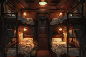 深紅と黒の木材で作られた内装が高級感を漂わせる寝台車両の内部。通路の両側には二段ベッドが配置され、それぞれのベッドには金色のランプが備えられ、柔らかな光を放っている。中央の通路は狭く、奥にはドアが見える。