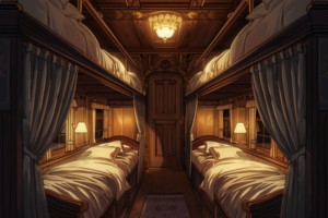 豪華な木製の装飾が施された列車の寝台車両で、二つのシングルベッドが壁に固定された上段ベッドと対をなしている。クラシカルな装飾のシーリングライトが照明を提供し、床にはエレガントなカーペットが敷かれている。