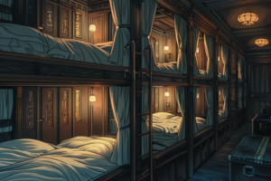 深夜の列車の寝台車両内を表現したイラスト。木製の壁面と上下段のベッド、中央の通路を備えている。ベッドは白い寝具で整えられ、照明は天井のランプからの落ち着いた光で、安らぎの空間を作り出している。