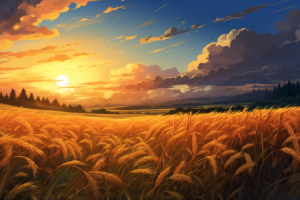 夕方の小麦畑のイラスト