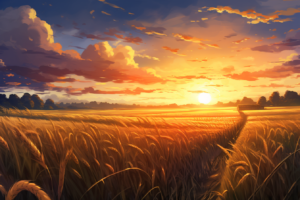 夕方の小麦畑のイラスト
