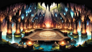 巨大な地下洞窟の中にある神秘的な祭壇のイラスト。洞窟の天井からは光が差し込み、中央には魔法のシンボルが描かれた大きな祭壇がある。周囲には壮大な石柱が立ち並び、その上には炎を灯した松明があり、柱の間からは青い光が溢れ出ている。祭壇へ続く階段の両脇には川が流れ、全体に神聖な雰囲気が漂っている。
