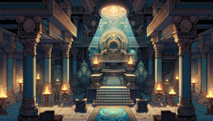 石造りの神殿の内部を描いたイラスト。高い柱が天井を支え、神秘的な光が中央の祭壇に集中している。祭壇の上には繊細な模様が描かれた大きな円盤があり、その周りには松明が灯され、儀式の準備が整っているかのよう。床には複雑なデザインが施された絨毯が敷かれており、全体に静謐で厳かな雰囲気が漂っている。