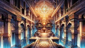 壮麗な図書館や神殿を思わせるダンジョンの内部イラスト。中央には階段と壮大な祭壇があり、その上には複雑な模様が描かれた円盤が浮かんでいる。周囲には石造りの柱が並び、柱と壁には細かい彫刻が施されている。天井は透明なドームで、外の光が内部を照らし出し、部屋全体には神秘的な力が満ちているような雰囲気がある。