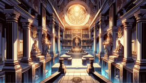 高貴な神殿の内部を想起させるダンジョンのイラスト。両側に立つ柱が装飾的な天井を支えており、中央には儀式用の祭壇がある。祭壇の背後には壁に描かれた巨大な魔法の円があり、その中央からは神秘的な光が放たれている。周囲には炎の松明が置かれ、暖かな光で空間を照らしている。