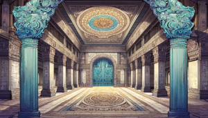 古代神殿を想起させるダンジョンの入り口のイラスト。鮮やかな青と緑の色彩で彩られた巨大な円形の柱が立ち並び、その頂には複雑な渦巻き模様とスカルの彫刻が施されている。天井には装飾的な円形の彫刻があり、中心には細かい模様が描かれている。正面には青い大きな扉があり、周りの壁にはレリーフや浮き彫りの装飾が豊富に施されている。床には中央に向かって放射状に広がるタイルが敷かれている。