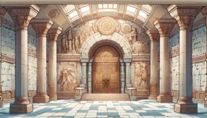 壮麗なダンジョンの入り口を描いたイラスト。中央には大きな金属製の扉があり、その上にはアーチ状の浮き彫りが施されている。扉の両側には細長い窓があり、周囲は石造りの壁と彫刻された柱で囲まれている。天井は半円形のアーチで、中央には複雑な装飾が施された円形の窓がある。床には青白いタイルが敷かれており、壁には天使や古代の人物のレリーフが彫られている。