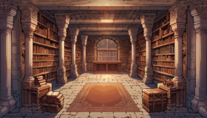 古代の図書館を連想させるダンジョンの一室のイラスト。部屋は高い天井まで届く木製の書棚で囲まれており、書棚には古い書籍がぎっしりと並んでいる。中央には大きな木製の机があり、壁際には窓があって自然光が入る。部屋の四隅には石造りの柱があり、床には大きな装飾的な絨毯が敷かれている。書籍や地図が箱や机の上に積み上げられており、学問と探究の空間を思わせる。