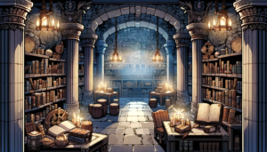 魔法の学び舎を思わせるダンジョン内の書庫のイラスト。アーチ型の石造りの入口から、ほのかに照明された部屋が見える。部屋には本棚が並び、各棚にはキャンドルが灯されている。天井からは鉄製のランプが吊り下げられ、温かみのある光を放っている。部屋の中心には古い書籍が開かれた机があり、周囲にはさらに本やキャンドル、地図が置かれている。部屋全体には知識を求める探究心と静けさが漂っている。