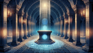 魔法のような光が神秘的な雰囲気を放つ石造りのアーケードのイラスト。中央には魔法の円と神秘的な記号が刻まれた台座があり、天井からは光の柱が台座の上の透明な物体に注がれている。アーケードは燭台で照らされ、壁には細工された柱が等間隔に並んでいる。