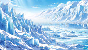 青空と太陽の光が明るく照らす広大な氷河の風景。冷たく透明感のある青白い氷の塊が、不規則に積み重なって山を形成している