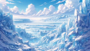 広大な氷河の風景に浮かぶ雲と青空が広がる情景。氷の壁が立ち並び、その間に光の反射でキラキラと輝く氷の道が続いている。遠くには氷河が地平線まで続き、穏やかな氷の海に小さな氷山が浮かんでいる。