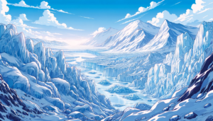 晴れ渡る空の下、険しい山々と広がる氷河が描かれたイラスト。山の頂には雪が積もり、冷たい氷が青く輝く。氷河は遠く地平線まで続き、氷の壁が立ち並ぶ大自然の雄大さを表現している。