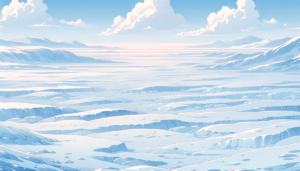 柔らかい光が広がる氷河の平原を描いたイラスト。遠くの山々は穏やかなピンク色の空に浮かび、氷河の割れ目は静かに平行に続いている。空は青く、白い雲がゆったりと漂っている。