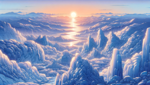 夕日が氷河の上を照らすイラスト。太陽は地平線のちょうど中心に位置し、金色の光が氷の丘と谷間を柔らかく照らしている。空と雲は夕焼けの色で明るく彩られ、氷河全体が静かな夕暮れの光に包まれている。