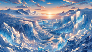 太陽が地平線に接する瞬間を捉えた氷河のイラスト。夕陽の光が水面に反射してキラキラと輝き、氷の壁や山々にオレンジとピンクの暖色を投げかけている。空は青からピンクへとグラデーションで染まり、遠くの山々はシルエットとして描かれている。
