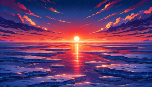 夕暮れの氷河とその上を赤く染める夕日のイラスト。太陽が水平線に沈みかけ、その光が氷の盤面に反射してオレンジと赤の温かい色を放っている。夜空には初めての星が輝き始め、雲は夕焼けで美しく彩られている。