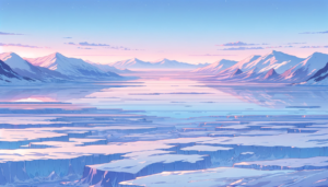 夕暮れの穏やかな色調で描かれた氷河のイラスト。空は星がちらほらと光る薄紫色で、山々と氷河はやわらかいピンク色の光に照らされている。氷河は静かな海面のように平和に広がっており、全体に穏やかな雰囲気が漂っている。