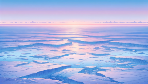夕日が地平線に昇る瞬間を捉えた氷河のイラスト。夕日が空をピンク色に染め上げ、氷の表面には柔らかな光が反射している。遠くの山々も夕日に照らされ、全体に静かで温かみのある景色が広がっている。