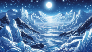 夜空に輝く満月と星々が照らす氷河の風景のイラスト。月明かりで氷の塊が青白く光り、遠くの山々は夜の帳に包まれている。星がきらめく穏やかな夜の氷河は、神秘的で静寂に満ちている。