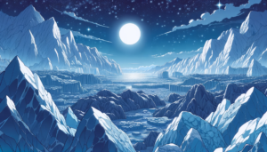 星空と中央に輝く大きな満月の下で、静かな氷河が広がるイラスト。月光が氷の表面に反射し、キラキラとした輝きを放ちながら、氷の谷間と山々を静かに照らしている。夜の静けさが感じられる平和な光景である。