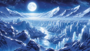 夜空と輝く満月の光が氷河の谷間を照らすイラスト。月明かりが氷の表面に反射し、神秘的な青光を放っている。遠くの山々は夜の帳に包まれ、冷たい月の光が静かな氷河の風景をさらに神秘的にしている。