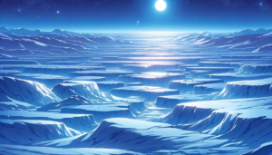 夜空をバックにした氷河の風景を捉えたイラスト。満月が高く輝き、青白い光が氷の表面を照らし出している。氷の谷と山脈が静かに月光を反射し、星々が空で微かにきらめいている。