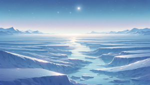 星明りの下で静かな氷河の夜明けを描いたイラスト。遠くの山々と氷の壁は淡い月明かりで照らされ、穏やかな水面が星の光を反射している。全体に穏やかで神秘的な雰囲気が広がっており、静けさが感じられる。
