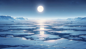 星空の下、月光に照らされた静かな氷河の風景のイラスト。氷の表面が月の光を反射してきらめき、遠くの山々は静寂に包まれている。空は星で満ち、宇宙の静けさが地球上の氷河にもたらされている。