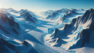 太陽光が穏やかに氷河の上を照らすイラスト。険しい山々が遠方に連なり、その間を流れる氷河が輝いている。全体に落ち着いた青と白の色合いが、冷静で静かな氷の世界を表している。