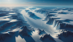 青白く輝く太陽の光が注ぐ、冷たい色合いの氷河の渓谷。鋭い尾根と滑らかな氷の表面が特徴的で、遠くには霧がかかった山脈が連なる壮大な風景。