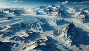 険しい山々と広大な氷河の風景。山々は深く刻まれた谷と尖った峰を持ち、氷河は細かくしわが寄ったような独特のパターンを示している。遠くの地平線まで続く氷の大地が、無限の広がりを感じさせる。