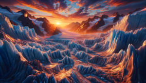 夕日が氷河の上を照らし出し、オレンジと赤の暖色系の光が青い氷に反映されている。鋭い尾根が立ち並び、その間を流れる氷の川が夕日に照らされて金色に輝く。